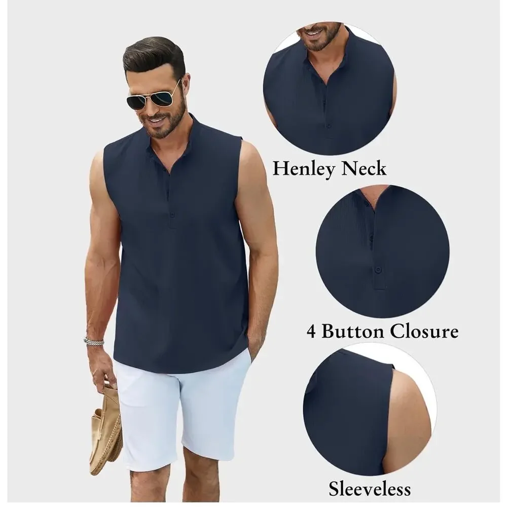 Hawalili Mens Sleeveless Henley Neck Beach Shirt Sky Blue Size XL - Picture 4 of 7
